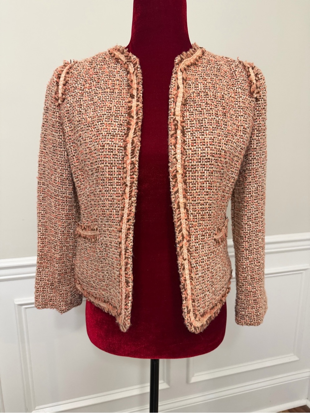 it MICHAA Pink Brown Tweed Blazer Jacket Open Front Raw Hem Korean Fashion